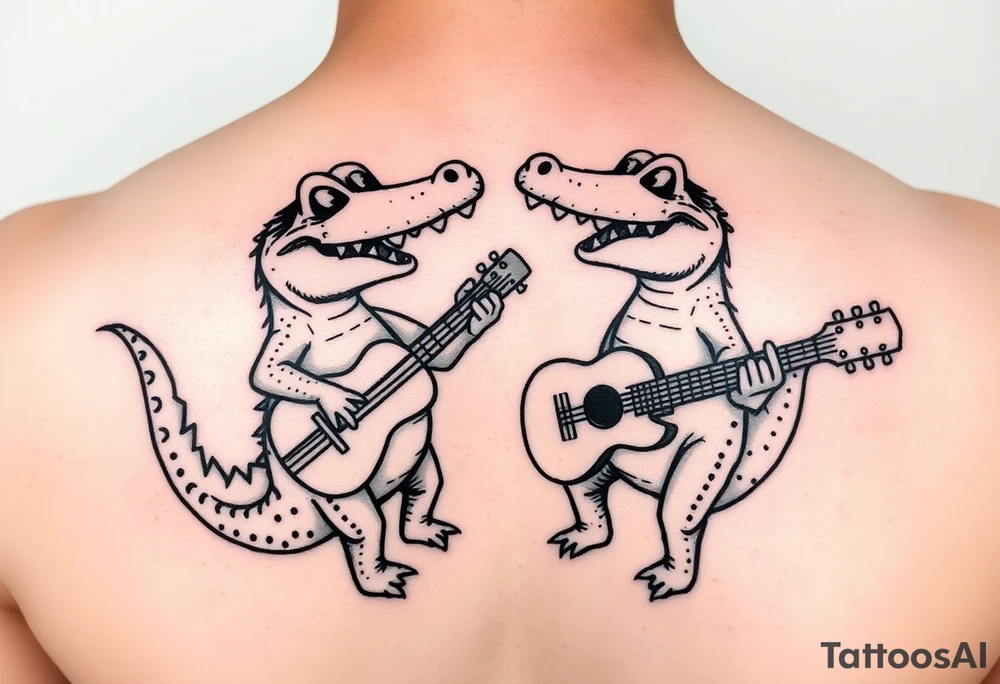 Two cartoon alligators playing music together tattoo idea