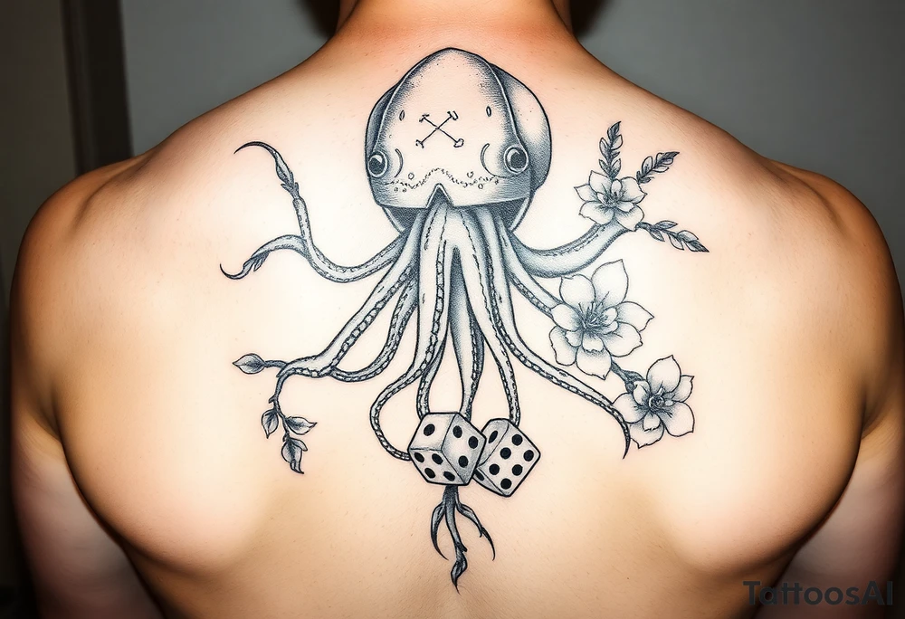 squid helmet combined with tree roots, cherry blossoms and roses rolling dice tattoo idea