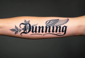Last name Dunning, in Roman bold font in middle of forearm with background including leaves,angel wing going near elbow,tribal pattern. tattoo idea