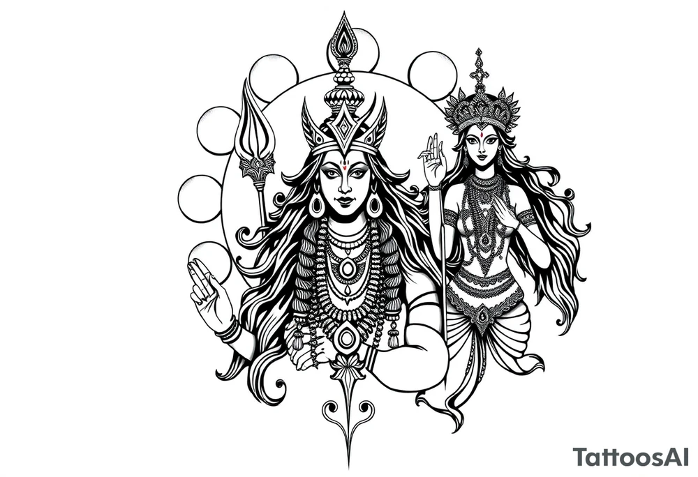 Lord Shiva, Godess Kali, Godess Lilith with the moon phases in the background tattoo idea