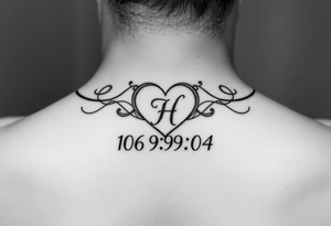 06/09/04 under the date is a heart inside the heart is a letter H in cursive on the lower back waist tattoo idea