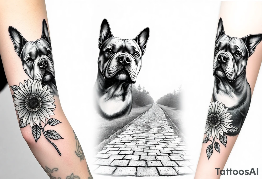 Collage of American bully portraits in black and white with sunflowers, an old road made from pavers the words Mountain State Bullies tattoo idea
