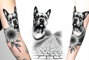 Collage of American bully portraits in black and white with sunflowers, an old road made from pavers the words Mountain State Bullies tattoo idea