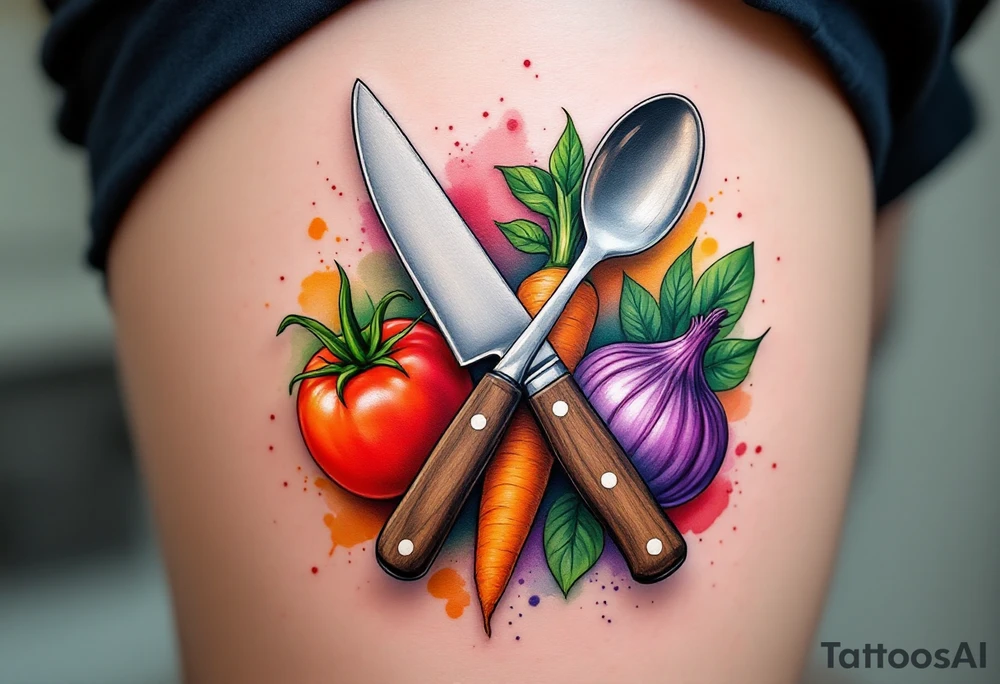 A realistic kitchen tattoo design showing a stainless steel chef’s knife with a brown wooden handle crossed over a silver fork and spoon, surrounded by fresh vegetables: a bright red tomato, an orange carrot with green leaves, a purple onion, green basil leaves, and a yellow bell pepper — all arranged in a circular layout with soft watercolor splashes in red, green, orange, and violet behind them. tattoo idea