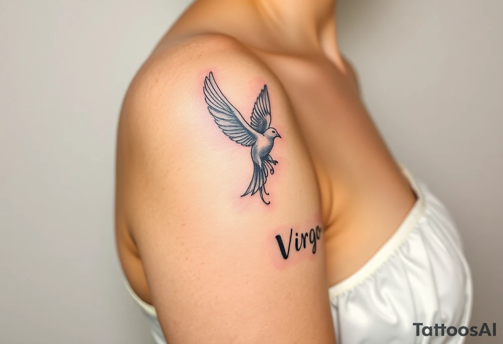 A young woman in a white flowing dress, releasing a glowing dove into the night sky and the word virgo tattoo idea