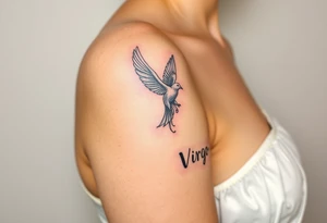 A young woman in a white flowing dress, releasing a glowing dove into the night sky and the word virgo tattoo idea