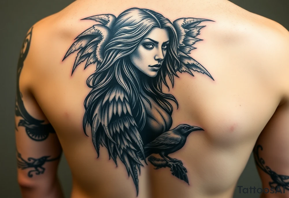 Left sleeve tattoo of the Morrigan Celtic  goddess of death. Powerful middle age woman of great wisdom and knowledge. Realistic and black and white imagery with potentially a splash of purple: images of crows can be built into it. tattoo idea
