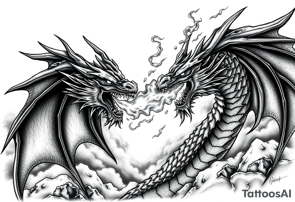 fierce dragon breathing iridescent fire against stormy skies tattoo idea