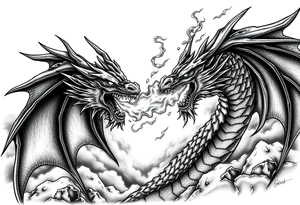 fierce dragon breathing iridescent fire against stormy skies tattoo idea