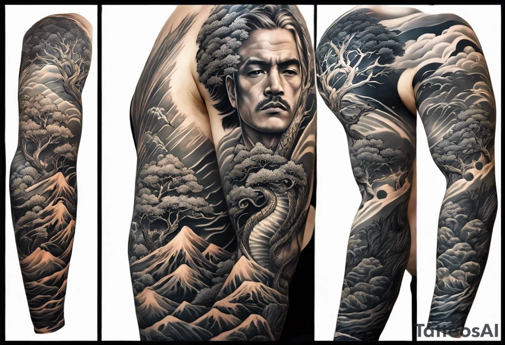 Full arm sleeve, tree going up to shoulder dead tree going down to wrist, wrapped in a serpent moving down with mountain, and ocean elements tattoo idea