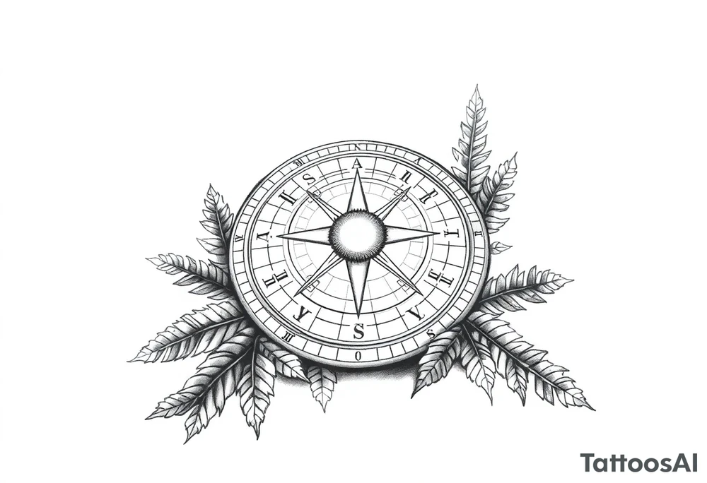 Sundial on the ground with ferns tattoo idea