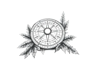 Sundial on the ground with ferns tattoo idea