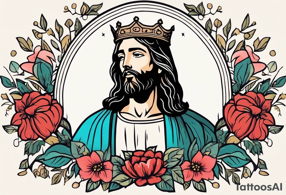 jesus with crown

old school vintage simple traditional design with vintage flowers surrounding
bold color simple tattoo idea