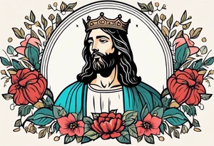 jesus with crown

old school vintage simple traditional design with vintage flowers surrounding
bold color simple tattoo idea