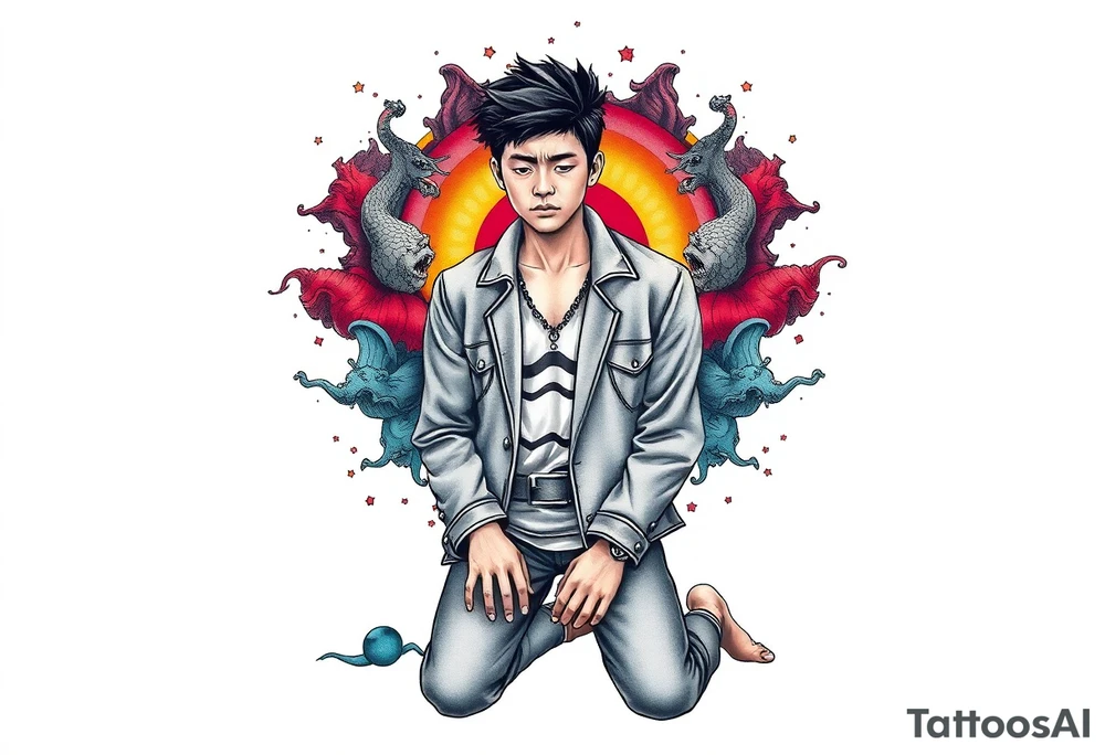 Handsome Asian young guy is standing on his knees sorry tattoo idea