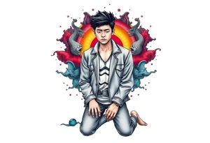 Handsome Asian young guy is standing on his knees sorry tattoo idea