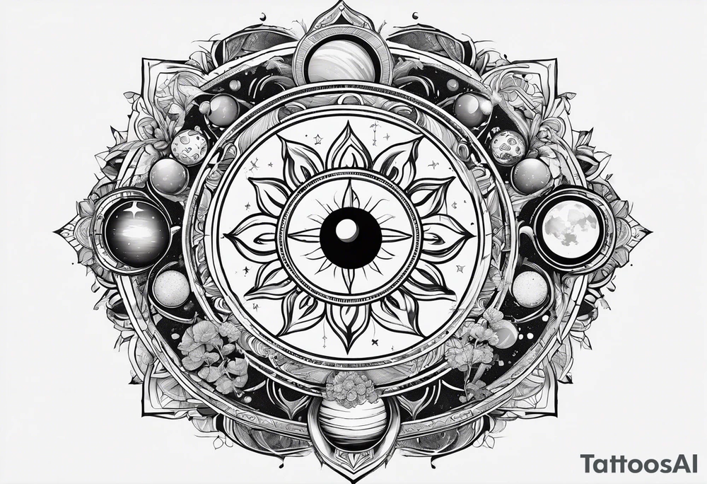 engineering and nature revolving around solar system with OM symbol in the center tattoo idea