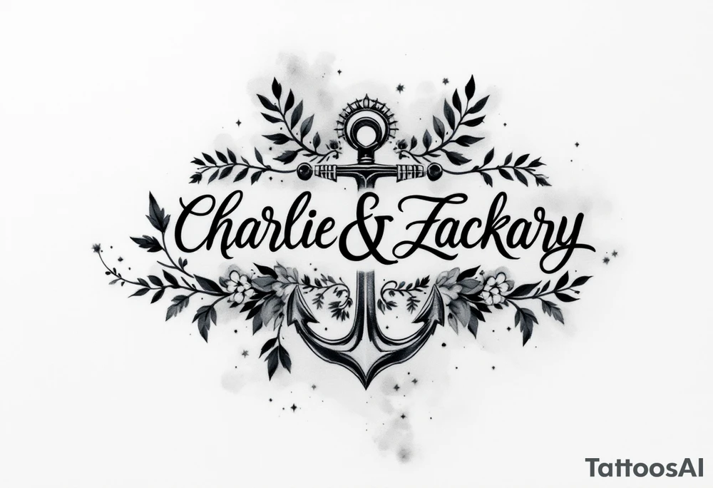 Design a small tattoo that artfully integrates the names "Charlie" and "Zackary" in elegant, intertwined cursive lettering. Surround the names with a bold, powerful symbol that conveys strength, unity, and protection—such as a shield, anchor, or lion emblem. The design should balance delicate script with a commanding central motif, creating a harmonious and meaningful piece perfect for a discreet placement like the wrist or inner forearm. tattoo idea