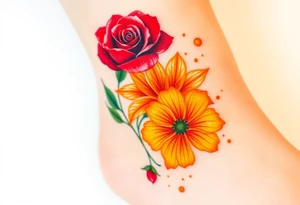 a colorful, vibrant, watercolor tattoo with one red rose, one orange lily, one gold marigold, and one orange cosmos flower and with splashes of color tattoo idea