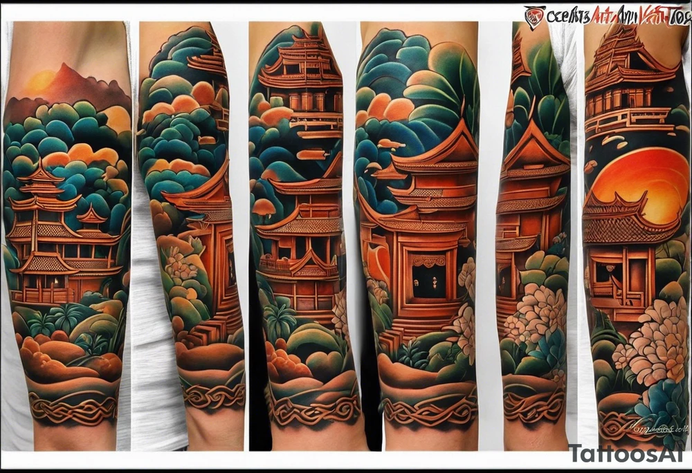 quiero crear una composicion para un tatuaje del antebrazo completo con pequeños tatuajes de tematica asiatica que incluya una rana con sombrero de vietnam, varios guerreros de terracota y una imagen del templo de camboya ankor tattoo idea