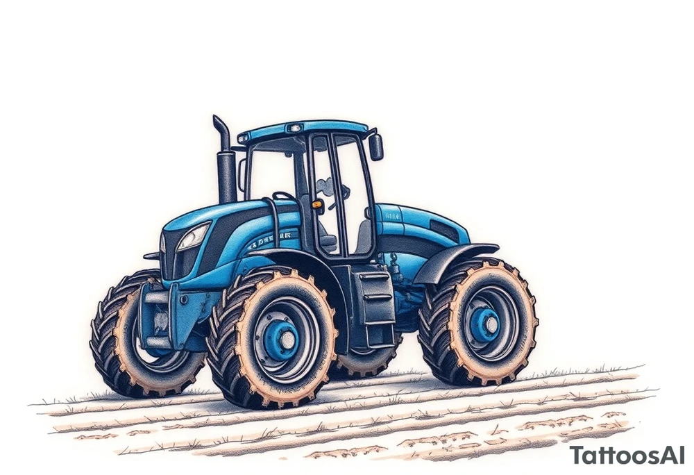 A detailed blue tractor with headlights glowing, standing proudly on a freshly tilled farm field. tattoo idea