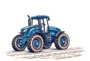 A detailed blue tractor with headlights glowing, standing proudly on a freshly tilled farm field. tattoo idea