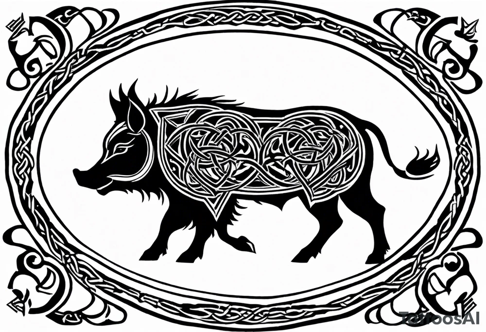 Side profile, Celtic, tribal, wild boar, On a Chatwin family crest with blue background, two gold stars, and a gold Chevron, and a Thistle. With bold black tribal lines. ancient Celtic, tribal boar tattoo idea