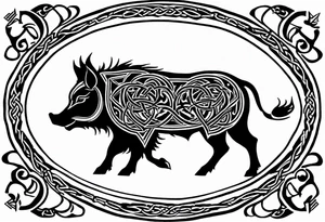 Side profile, Celtic, tribal, wild boar, On a Chatwin family crest with blue background, two gold stars, and a gold Chevron, and a Thistle. With bold black tribal lines. ancient Celtic, tribal boar tattoo idea