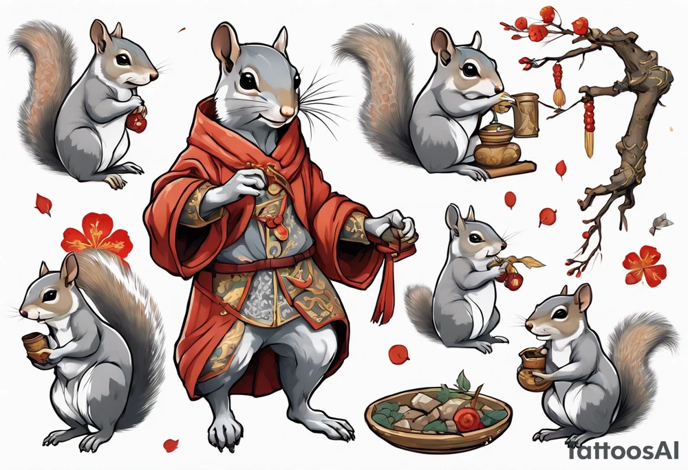 a grey squirrel dressed in a medieval tunic holding a silver branch tattoo idea