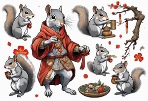 a grey squirrel dressed in a medieval tunic holding a silver branch tattoo idea