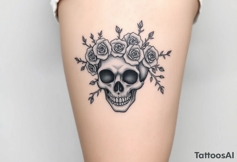 ornate skull adorned with crown of wild roses and thorns tattoo idea