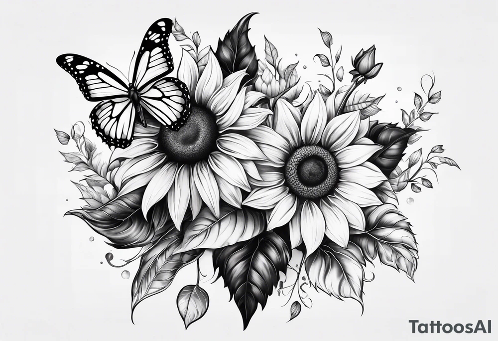 Sunflower and butterfly leg sleeve tattoo idea