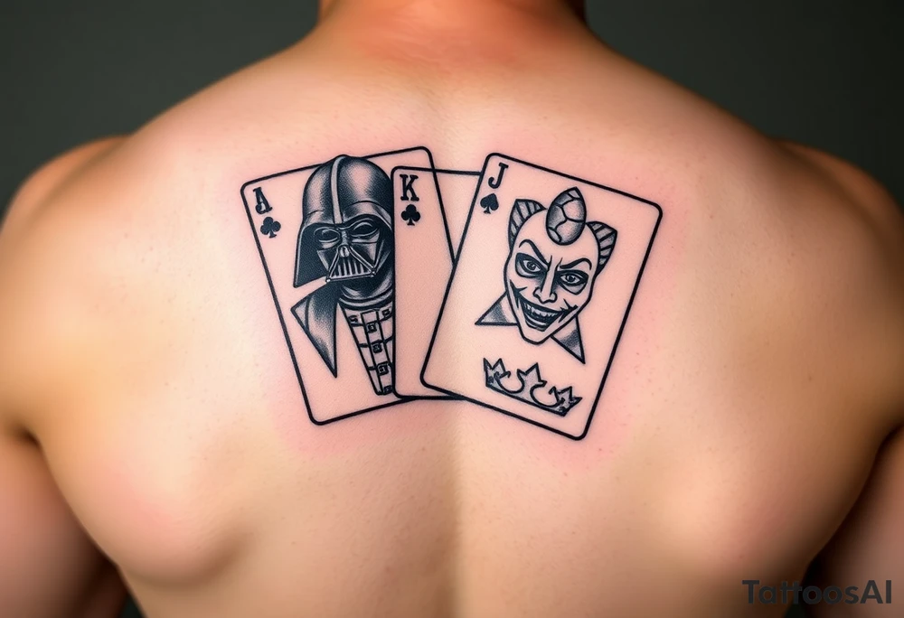 4 cards of a deck, Darth Vader, joker from batman, camo army star, princess crown paw prints tattoo idea