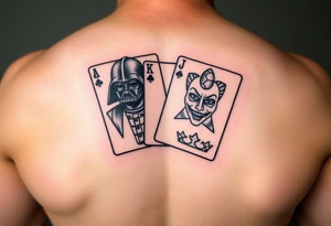 4 cards of a deck, Darth Vader, joker from batman, camo army star, princess crown paw prints tattoo idea