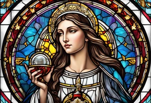 holy saint woman with halo stained glass holding a chalice with artillery tattoo idea