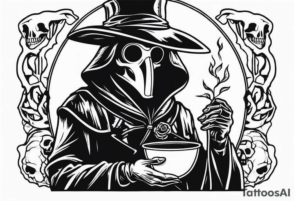 plague doctor with a skeleton hand holding medicine tattoo idea