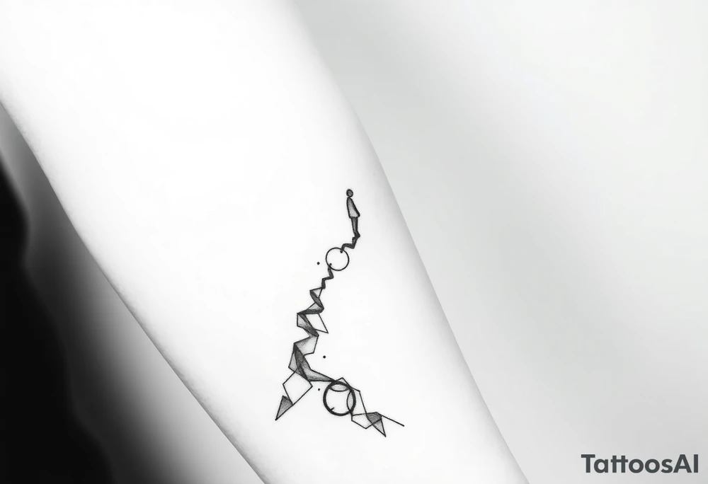 Black-ink forearm tattoo design symbolizing father and son, legacy, and continuation of unfinished dreams. Central element: a rising, flowing abstract line or path that starts fragmented at the bottom (representing the father’s unfinished life/work) and becomes solid and ascending toward the top (symbolizing the son carrying the legacy forward). Above the path, a subtle, ethereal outline of the father’s figure, abstract and composed of fine black lines and geometric fragments, watching proudly over the rising line, hand or energy reaching down as if cheering him on. Include two interlocking circular shapes along the path to symbolize their bond and the transfer of legacy. Hidden within the lines, integrate the Roman numerals “VI·IV·MMXXIII” in a subtle, elegant way. Style: minimalistic black ink, fine-line, geometric abstraction with emotional depth, clean composition for forearm placement, focus on symbolism, connection, guidance, and transcendence. tattoo idea