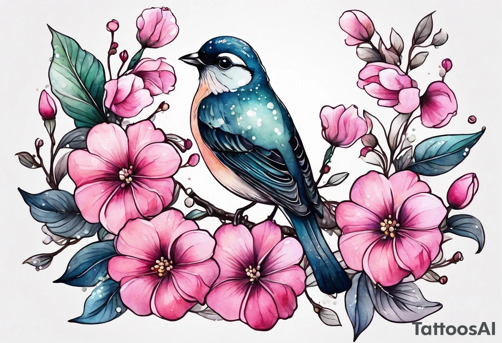 Small Pink flowers with decorative dott pattern, a bird and libra tattoo idea