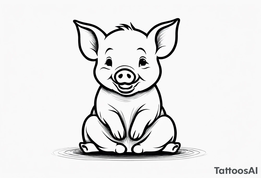 cute piglet sitting on bum. thin lines minimal shading, black and white only, with text "friends not food", white background tattoo idea