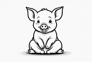 cute piglet sitting on bum. thin lines minimal shading, black and white only, with text "friends not food", white background tattoo idea