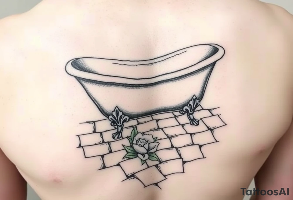 clawfoot bathtub on a tile floor and a flower growing through the cracks in the floor tattoo idea