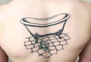 clawfoot bathtub on a tile floor and a flower growing through the cracks in the floor tattoo idea