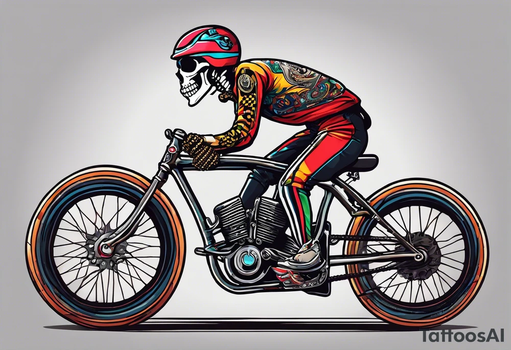 Skeleton rides a racing bicycle. It is wearing a 1980s style uniform. There is no background image tattoo idea