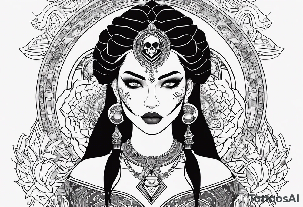 kali ma, alien goddess, valkrye, aries, pirate, divine feminine, zenza resonance, pachamama, lotus azul, blank panther, eagle, skull, 5D, nueva gaya, dna 12, left side chest tatoo tattoo idea