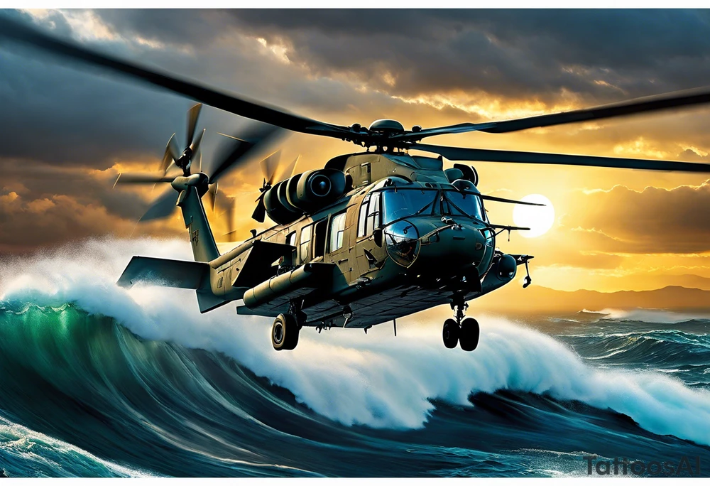 A cinematic-style tattoo depicting a Canadian military CH-148 Cyclone helicopter performing a daring maneuver over a turbulent ocean. The sky should be filled with dramatic clouds, and the sun should be setting, casting long shadows. The helicopter should be the main focus, with intricate details and a sense of motion. In the background, a poppy should be prominently displayed, and a quote from 'Lest We Forget' should be included tattoo idea