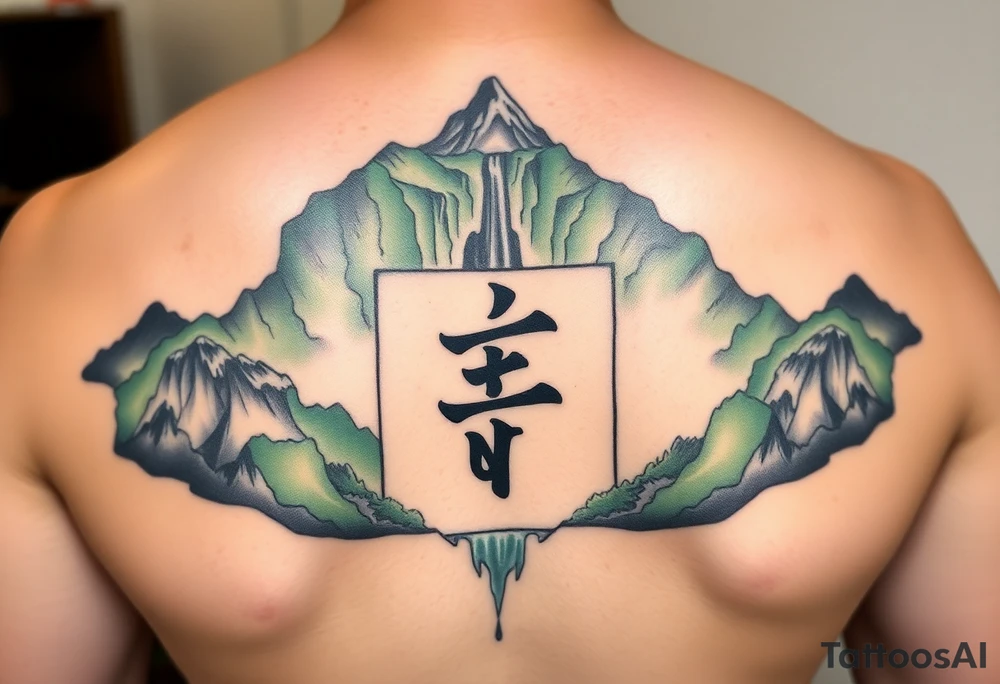 I need to import a photograph as the focal point of the tattoo. The Burmese word သား Inside of a photo the subject of the photo.  The photo surrounded by a colorful green mountainside with a waterfall tattoo idea