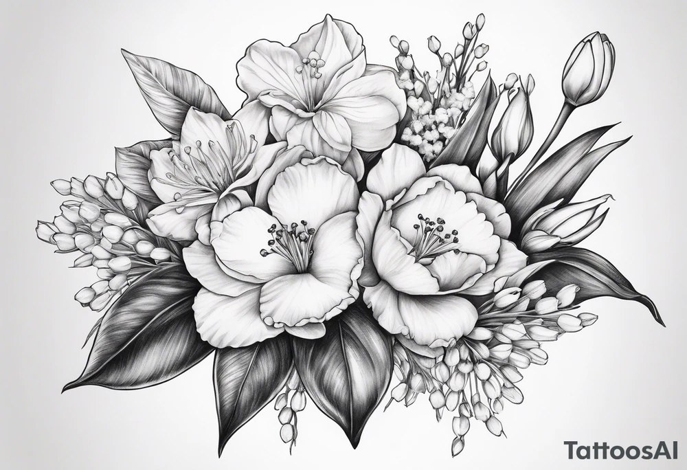 Bouquet
with 1 snowdrop 2 carnations 1 rose 1 lily of the valley 1 daffodil 1 peony tattoo idea