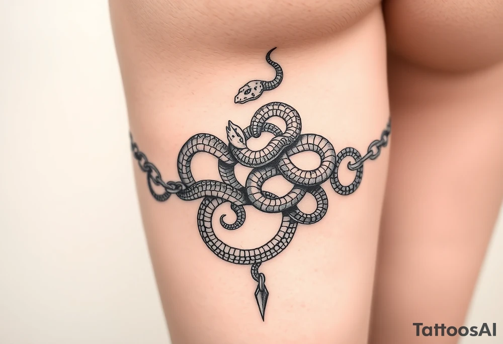 Trial chain around the thigh (instead of metal chain we want it created my snakes.) very detailed in the snakes tattoo idea