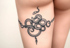 Trial chain around the thigh (instead of metal chain we want it created my snakes.) very detailed in the snakes tattoo idea