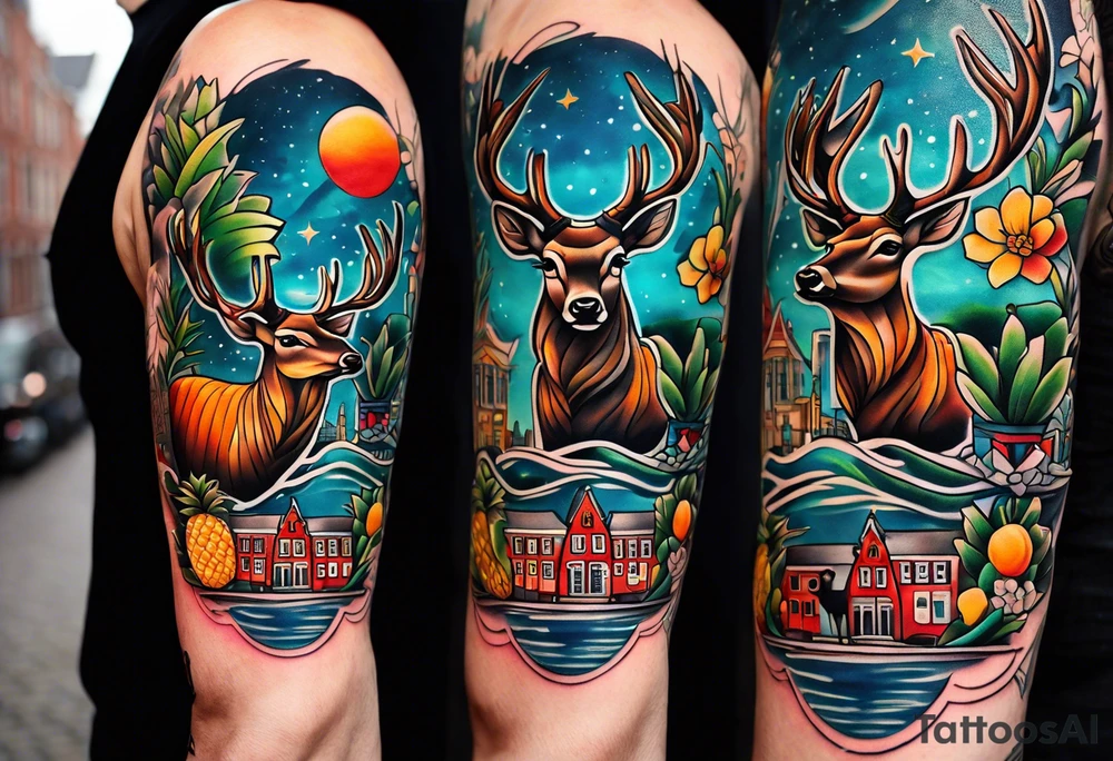 arm tattoo of stag deer and birds in Amsterdam canal featuring Amsterdam houses in space with pineapple at the bottom tattoo idea